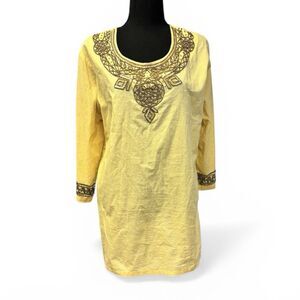 VICKI WAYNE Embroidered Beaded Tunic Top Yellow Cotton Ethnic Style